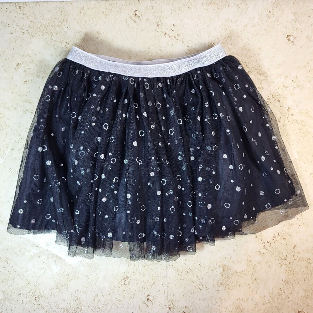Peanut & Ollie Black Tulle Skirt‎ Silver Sparkle Circles Elastic Waistband 4T